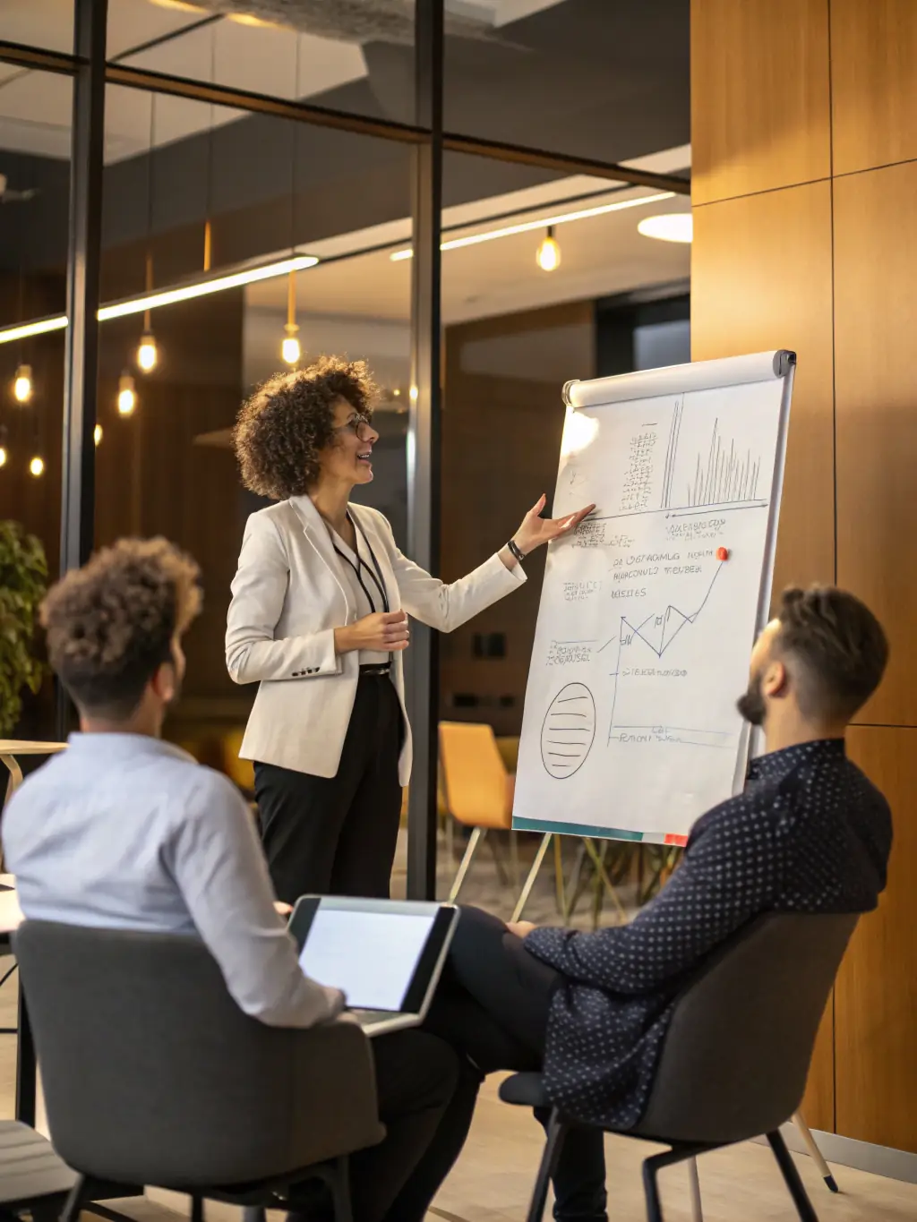 A professional coach guiding a diverse team in a modern office setting, emphasizing collaboration and leadership.