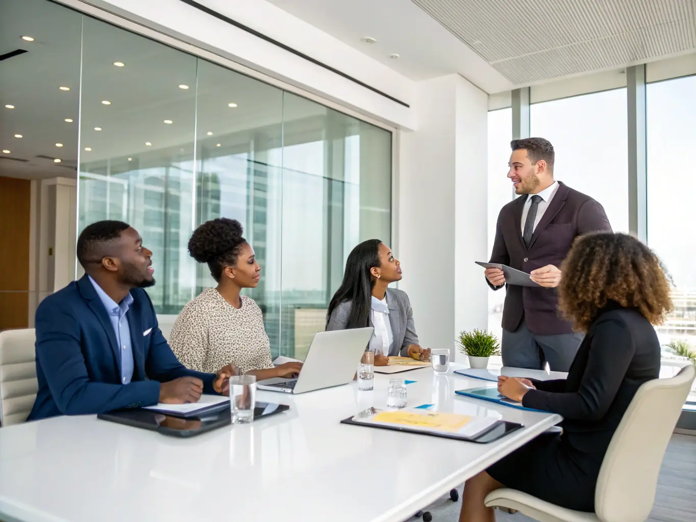 A diverse group of professionals participating in a leadership workshop, engaging in team-building activities and strategic planning exercises.