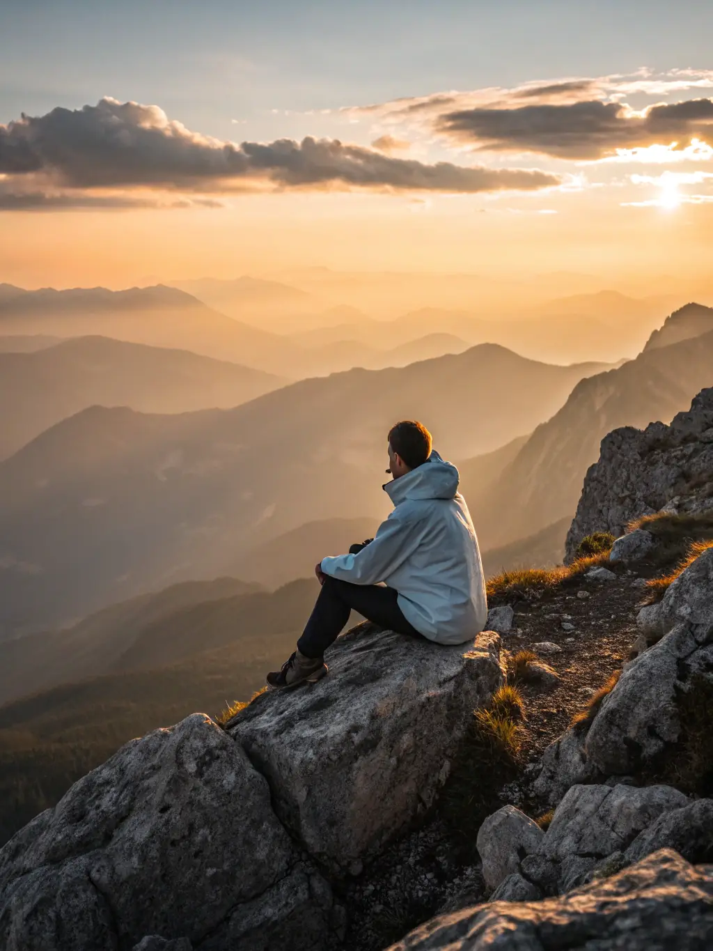 An inspiring image of a person standing atop a mountain at sunrise, symbolizing achievement and self-discovery.