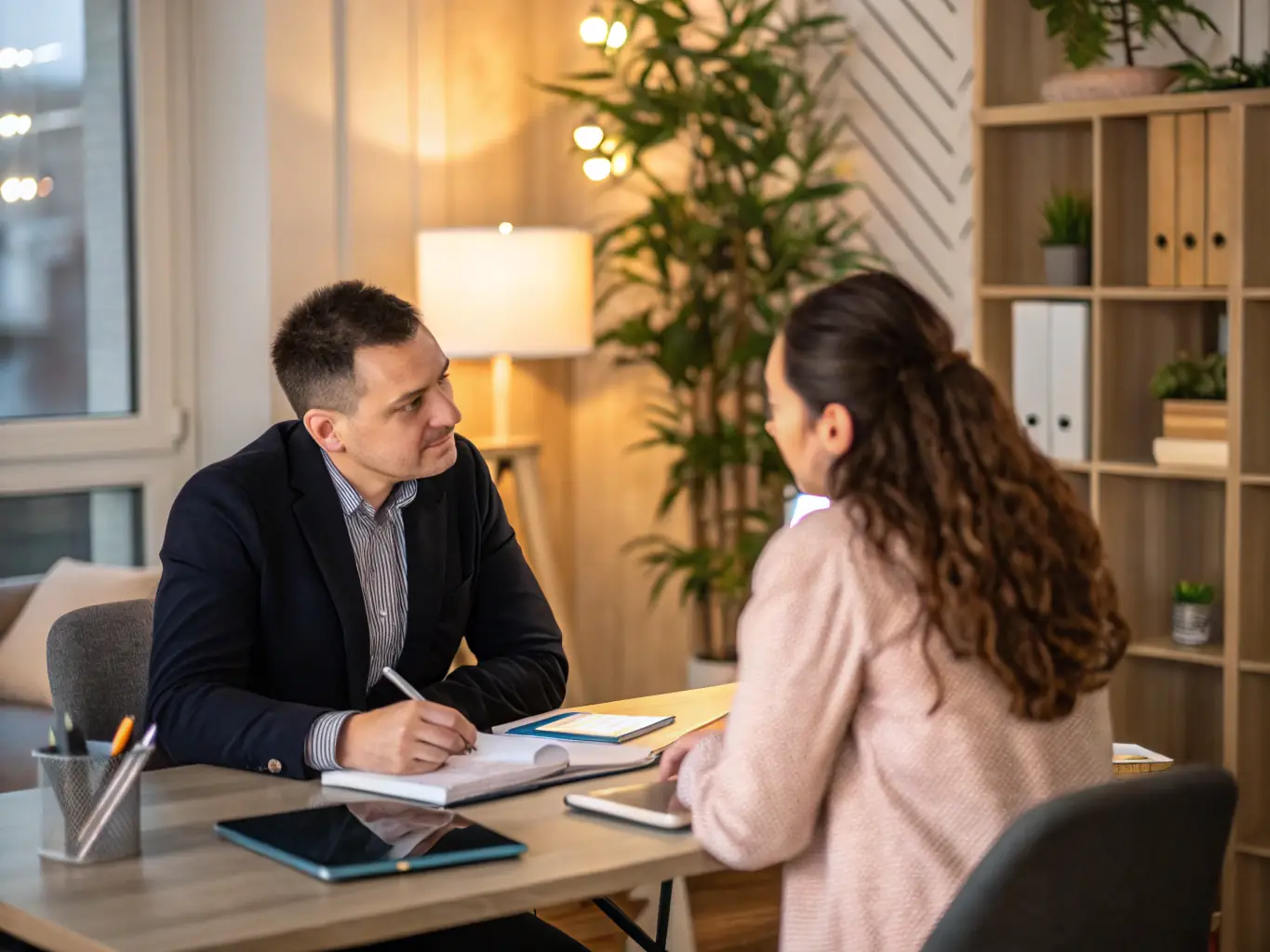 A professional coach guiding a client through a personal growth exercise in a bright, modern office setting. The coach is actively listening and providing feedback.