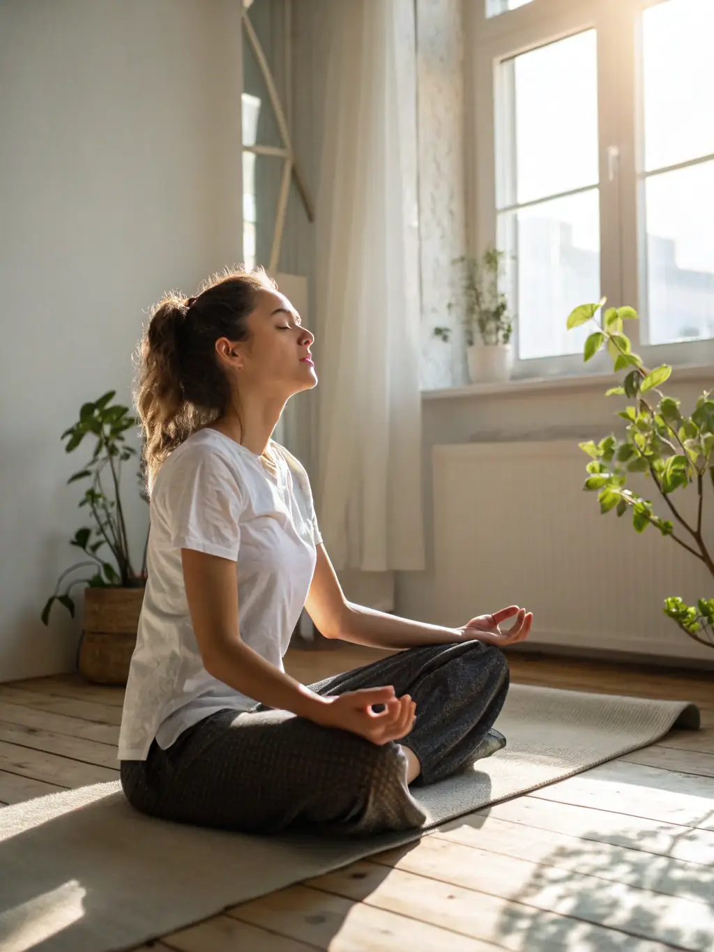 A person meditating in a peaceful environment, representing mindfulness and inner peace.